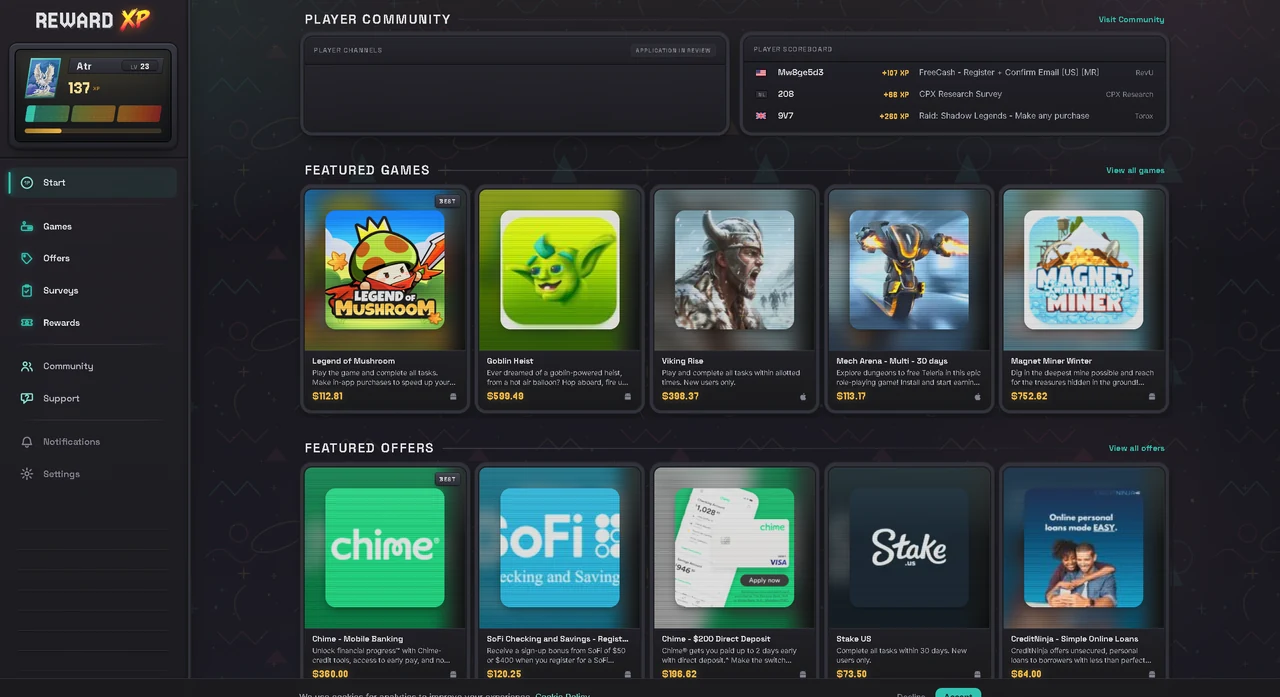 RewardXP member dashboard in the retro theme showing featured games and offers