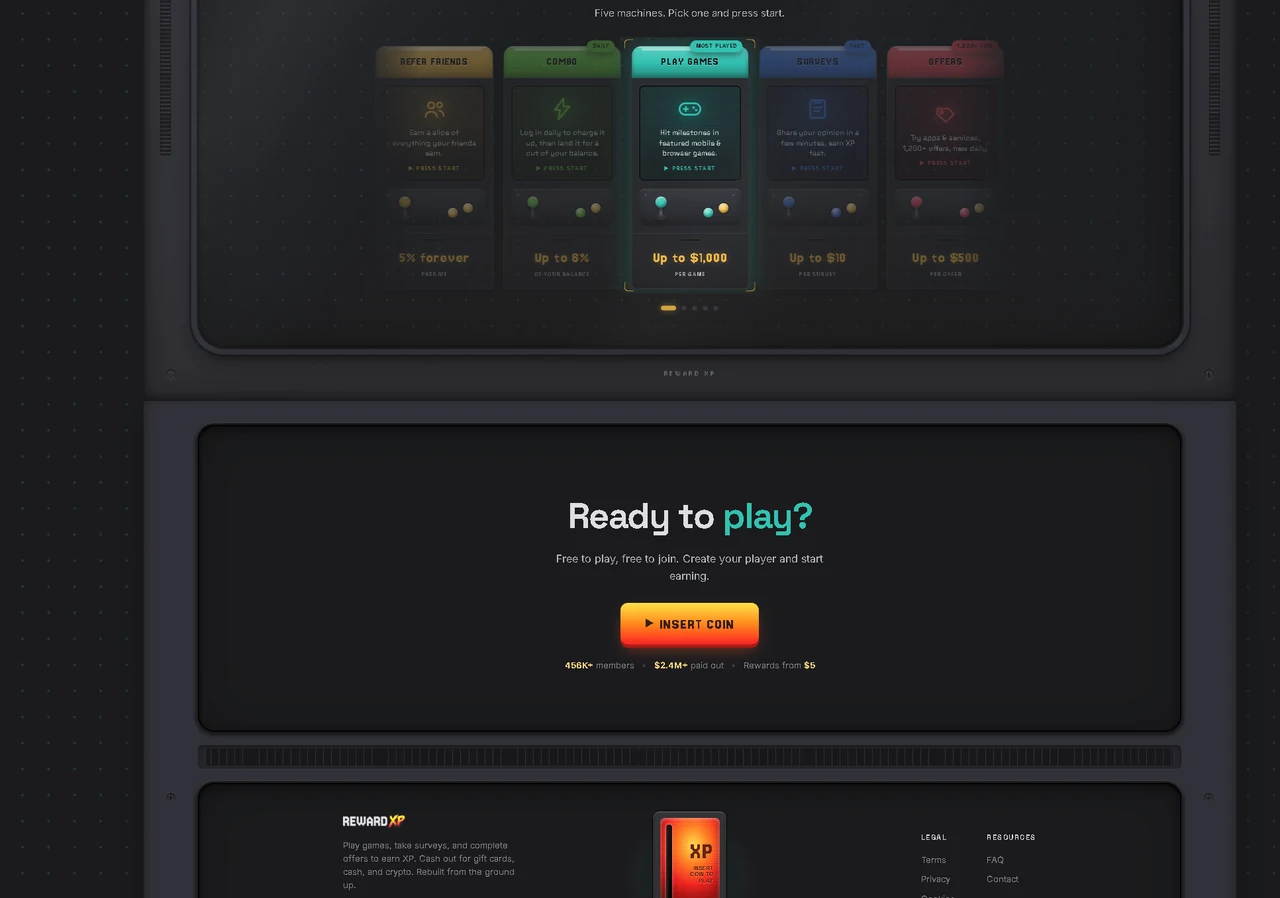 RewardXP arcade machines section with five earning categories and Insert Coin call to action